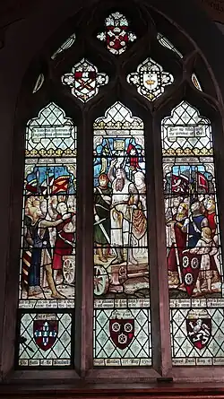 The Battle of the Standard window in All Saints Church in Helmsley, England, showing the arms of the Earl of Albemarle, Walter Espec and Roger de Mowbray at the bottom.