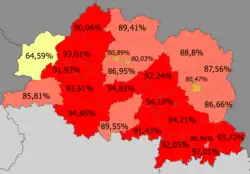 Belarusians in the region &nbsp;&nbsp;>90% &nbsp;&nbsp;85—90% &nbsp;&nbsp;80–85% &nbsp;&nbsp;<80% (64.59%)