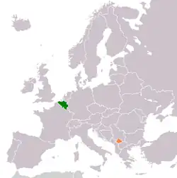 Map indicating locations of Belgium and Kosovo