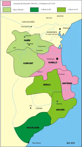 A historical map of northeastern Iberia around 801–820. The counties ruled by Gaucelm (Rosselló and Empúries) are shaded pink. Neighboring counties ruled by Berà are shaded in green.