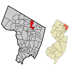 Location of River Vale in Bergen County highlighted in red (left). Inset map: Location of Bergen County in New Jersey highlighted in orange (right).