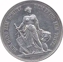 Standing Helvetia holding sword and shield, bear behind. Legend along edge.