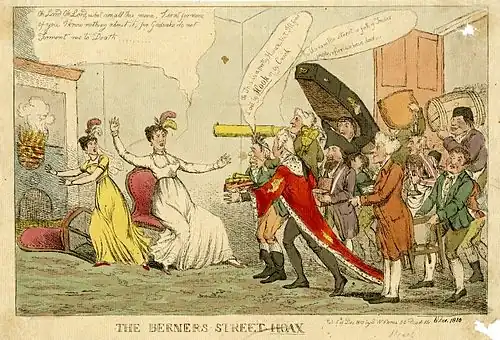 Cartoon showing Mrs Tottenham at home, shocked, as a mass of gentry and traders burst through her door