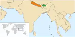 Map indicating locations of Bhutan and Nepal