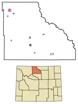 Location of Cowley in Big Horn County, Wyoming.