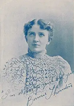 Bust-length black and white photo of Bonnie Thornton, with words "I'm Nobody's girl but yours Bonnie Thornton" written near bottom in cursive