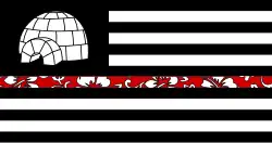 Black and white version of the American flag, with the stars replaced by an image of an igloo and the eight stripe replaced with a red tropical print stripe.