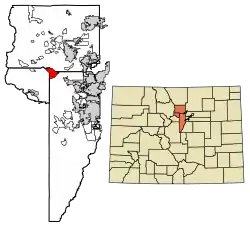 Location of the Coal Creek CDP in Jefferson, Boulder, and Gilpin counties, Colorado.