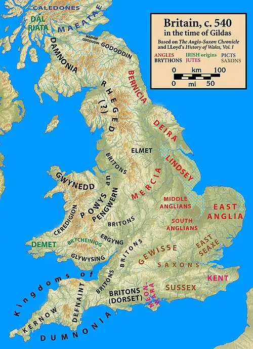 Britain around the year 540. Anglo-Saxon kingdoms' names are coloured red. Britonnic kingdoms' names are coloured black.