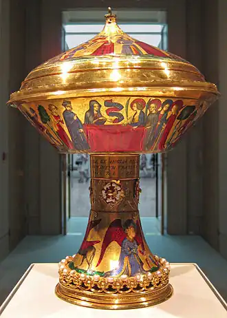 The Royal Gold Cup with basse-taille enamels; weight 1.935&nbsp;kg, British Museum. Saint Agnes appears to her friends in a vision.