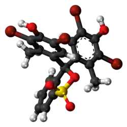 Ball-and-stick model of the bromocresol green molecule in cyclic form