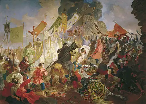 Siege of Pskov, painting by Karl Brullov, depicts the siege from the Russian perspective&nbsp;– terrified running Poles and Lithuanians, and heroic Russian defenders under the Orthodox Christian religious banners.