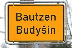 Bilingual town sign in Bautzen (Budyšin) with Upper Sorbian