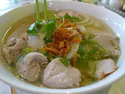 Bowl of bún mọc in Vietnam. Bún is rice vermicelli, while mọc means pork ball.