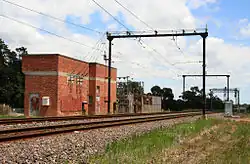 Heritage-listed overhead wiring and electrical substation at Bunyip, a remnant of when the line was electrified as far as Traralgon