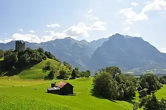 View of the ruined Wartau castle, looking south-east across the Rhine Valley towards Mittagspitz