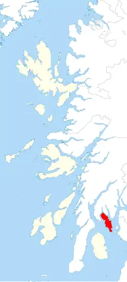 Map showing location of Isle of Bute off west coast of Scottish mainland.