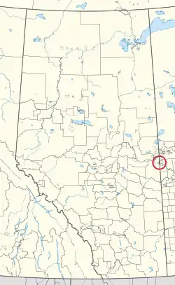 A map of the province of Alberta showing 80 counties and 145 small Indian reserves. One is highlighted with a red circle.