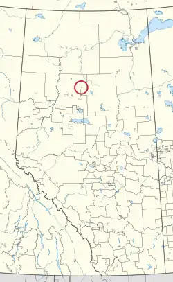 A map of the province of Alberta showing 80 counties and 145 small Indian reserves. One is highlighted with a red circle.