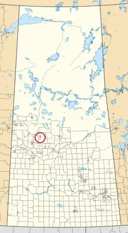 A map of the province of Saskatchewan showing 297 rural municipalities and hundreds of small Indian reserves. One is highlighted with a red circle.