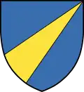Arms of Kagg family&nbsp;[sv] (Sweden): Azure, a pile issuing from the base in bend sinister Or.