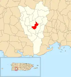 Location of Caimito within the municipality of Yauco shown in red