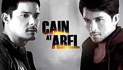 A monochrome image of Dingdong Dantes and Dennis Trillo. The series title is displayed on the center of the image.