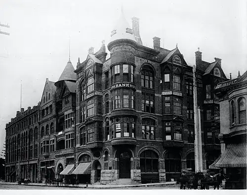 American National Bank Building, southwest corner, 1890. To the left are the turret and two gables of the YMCA Building (1889), then the Potomac Block (1890)