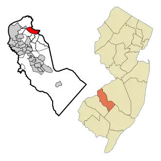 Map of Cherry Hill Mall CDP in Camden County. Inset: Location of Camden County in New Jersey.