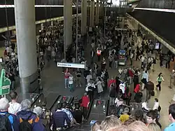 View from the down escalator at the west end of the station on the day of the London Marathon 2009