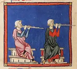Circa 1280 A.D., Spain. Triple pipe illustrated in the Cantigas de Santa Maria, Codex of the musicians. Spain was a mixing ground with Hispano-Celtic, Mediterranean and North African or Muslim traditions.