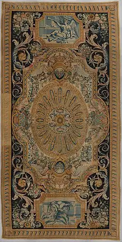 Carpet with fame and fortitude; by the Savonnerie manufactory; 1668–1685; knotted and cut wool pile, woven with about 90 knots per square inch; 909.3 x 459.7&nbsp;cm; Metropolitan Museum of Art