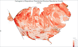 Cartogram of Republican presidential election results by county