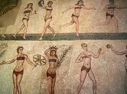 Image 38So-called "Bikini Girls" mosaic from the Villa del Casale, Roman Sicily, 4th century (from Roman Empire)