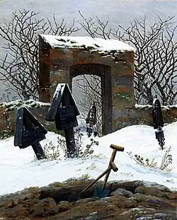 Graveyard under Snow (1826). 31 × 25&nbsp;cm. Museum der bildenden Künste, Leipzig. Friedrich sketched memorial monuments and sculptures for mausoleums, reflecting his obsession with death and the afterlife. He also created some of the funerary art in Dresden's cemeteries.[94]