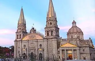 Guadalajara Cathedral, built between 1561-1618 (spires and dome were rebuilt between 1851-1854) by Martín Casillas, José Gutiérrez, Manuel Gómez Ibarra.[92][93]