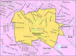 Census Bureau map showing location of Clementon within Camden County. Inset: Location of Camden County in New Jersey.