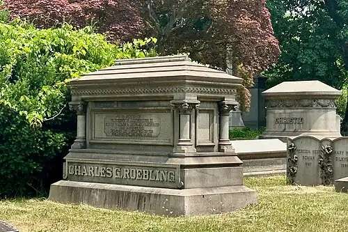 Charles G. Roebling and cenotaph of his son Washington A. Roebling II whose body was never recovered when he perished in the Titanic Sinking