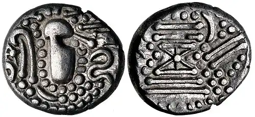 A Chaulukya-Paramara coin, circa 950-1050 CE. Stylized rendition of Chavda dynasty coins: Indo-Sassanian style bust right; pellets and ornaments around / Stylised fire altar; pellets around.[24]