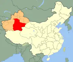 Bayingolin (red) in Xinjiang (orange)