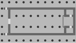 Two rows of columns inside the church form three aisles. In the two corners of the church on the altar side there are two rooms partitioned off. Along the front of the church and both outer sides runs another line of columns.