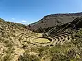 Ruins of a ring of terraces often incorrectly called a "bullring" or amphitheater; part of the Chivay Ruinas park overlooking Chivay, north side of Rio Colca