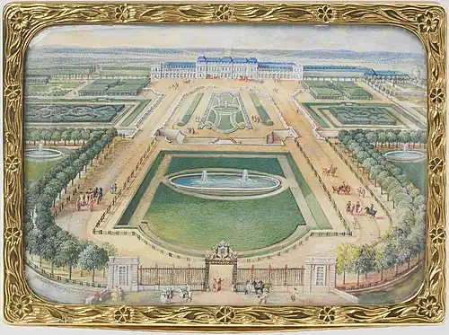 Northern view of the château from the entrance screen, the "Grille&nbsp;Dorée"[47] (snuffbox top)