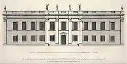 Drawing of a two-storey classical house with statues and urns along the roof