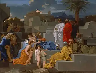 Jesus reclines and points to some children before a group of men.