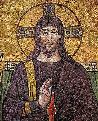 Byzantine mosaic of Jesus with his head surrounded by a halo (c. 526 AD)
