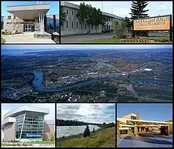 From top left: Joyce K. Carver Memorial Library, Kenai Peninsula Borough Building, aerial view of the City of Soldotna, Central Peninsula Hospital, Soldotna Creek Park, and the Kenai Peninsula College.