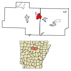 Location of Fairfield Bay in Cleburne County and Van Buren County, Arkansas.