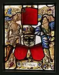 Coat of arms of Schwyz (stained glass, 1573), gules plain; the Juliusbanner with the Arma Christi inset is held by one of the supporters.