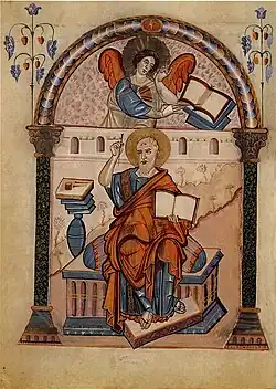Carolingian Evangelist portrait from the Codex Aureus of Lorsch, using a Late Antique model, late 8th century